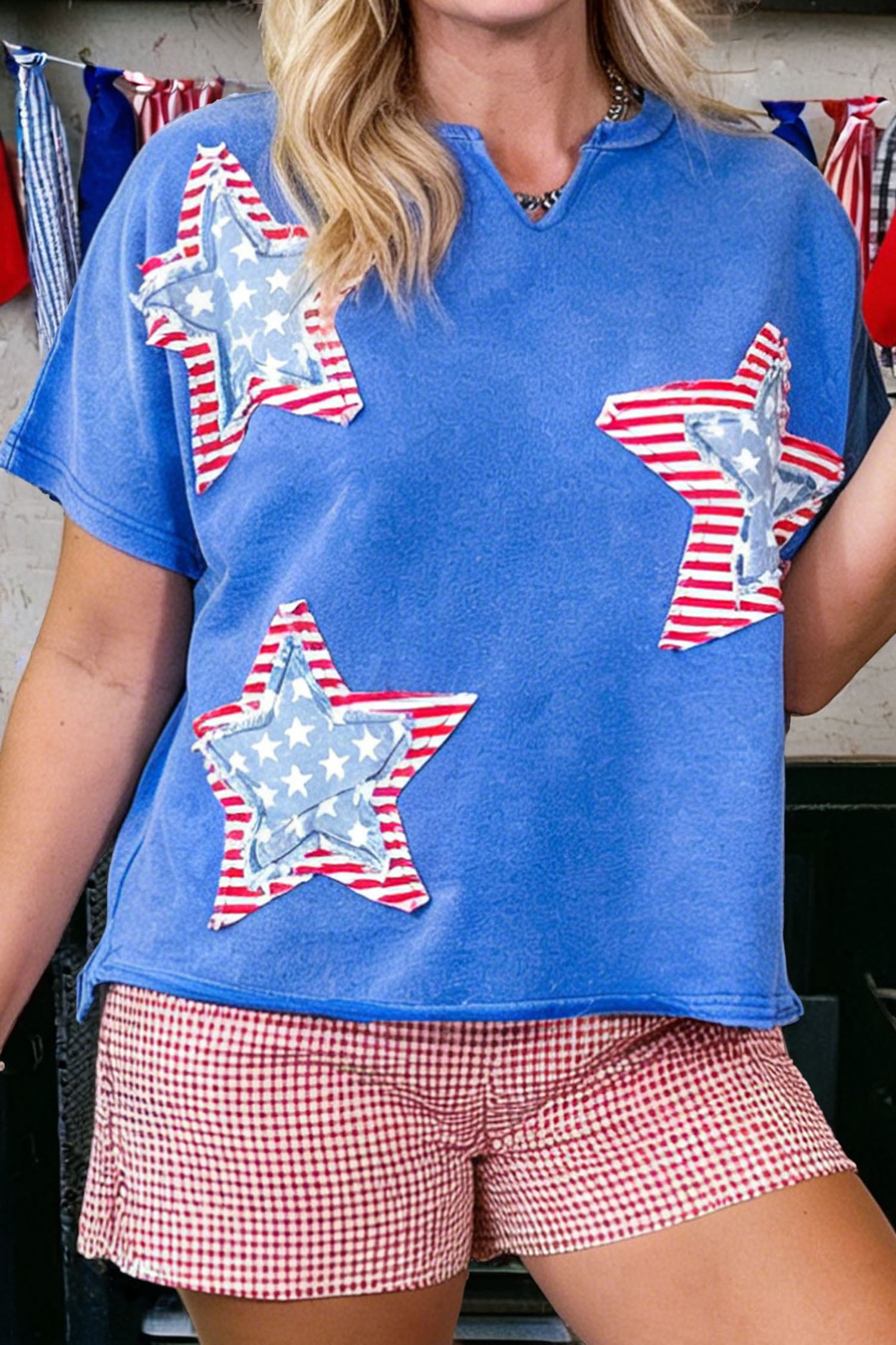 Star Patched Mineral Washed Notched Neck Tee
