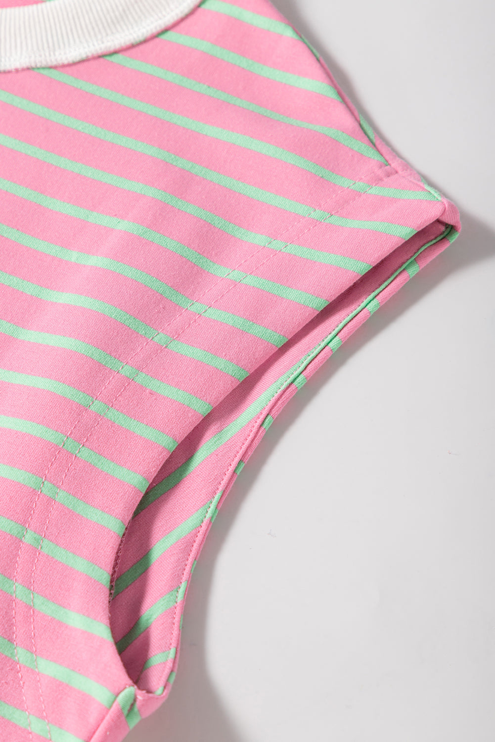 Pink Striped Crew Neck Cap Sleeve T Shirt - eAura