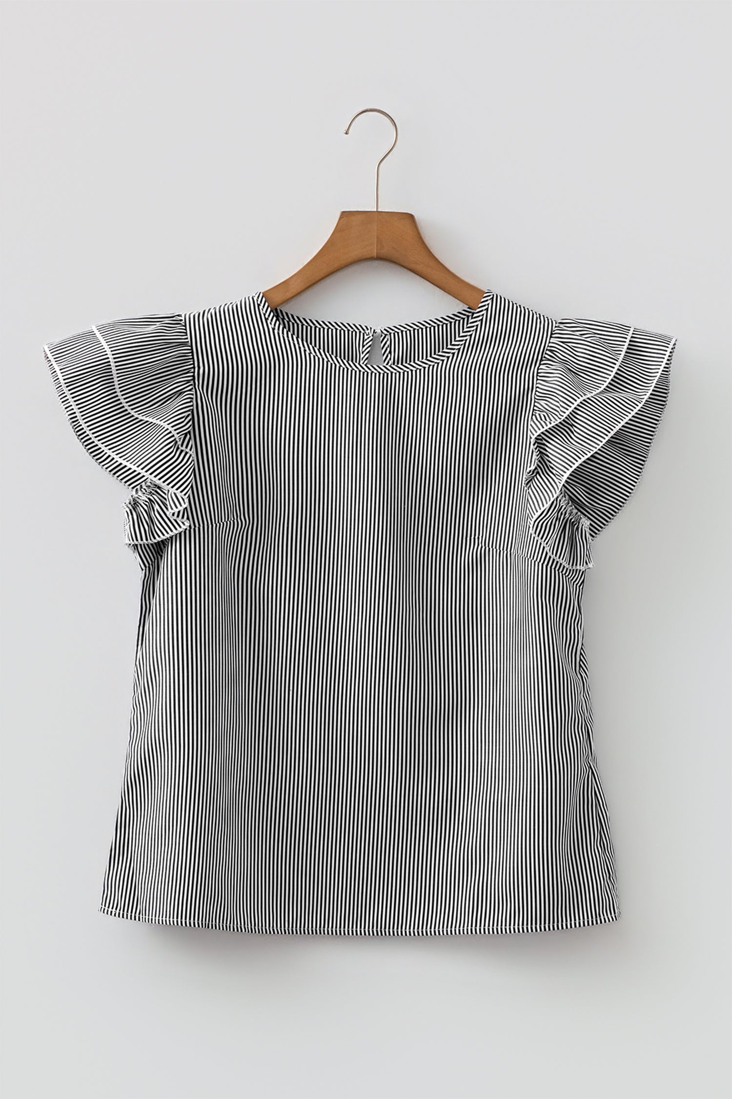 Striped Ruffle Sleeve Short Sleeve Round Neck Casual Shift Blouse – Black Stripe