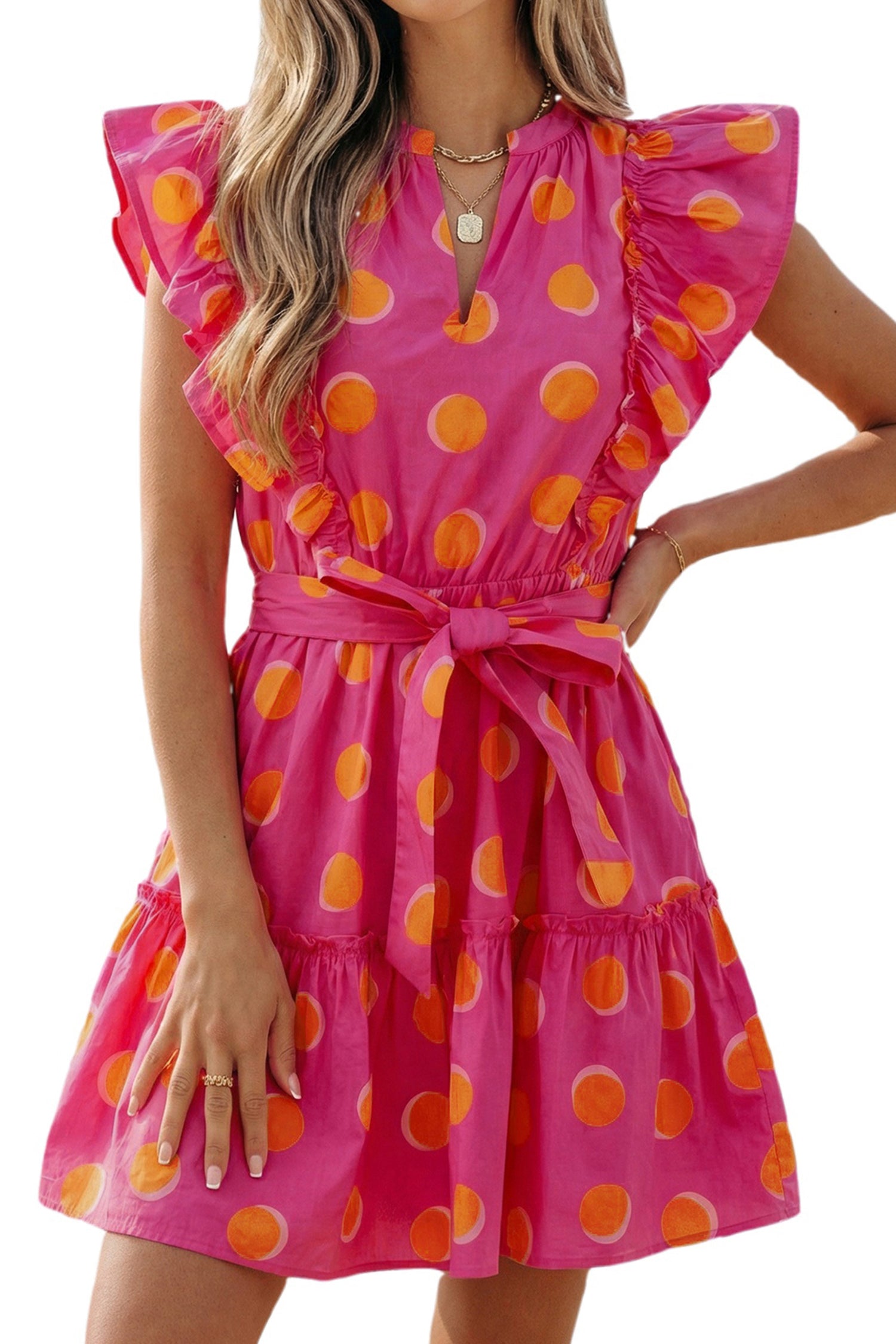 Polka Dot V Neck Ruffled Short Sleeve Mini Dress