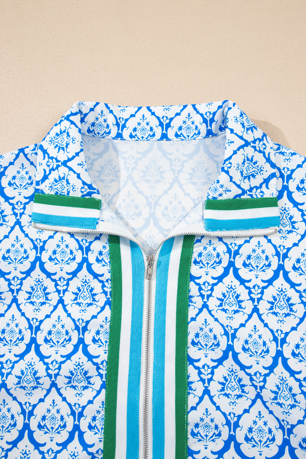 Western Print Zipped Collar Short Sleeve Blouse Top - eAura