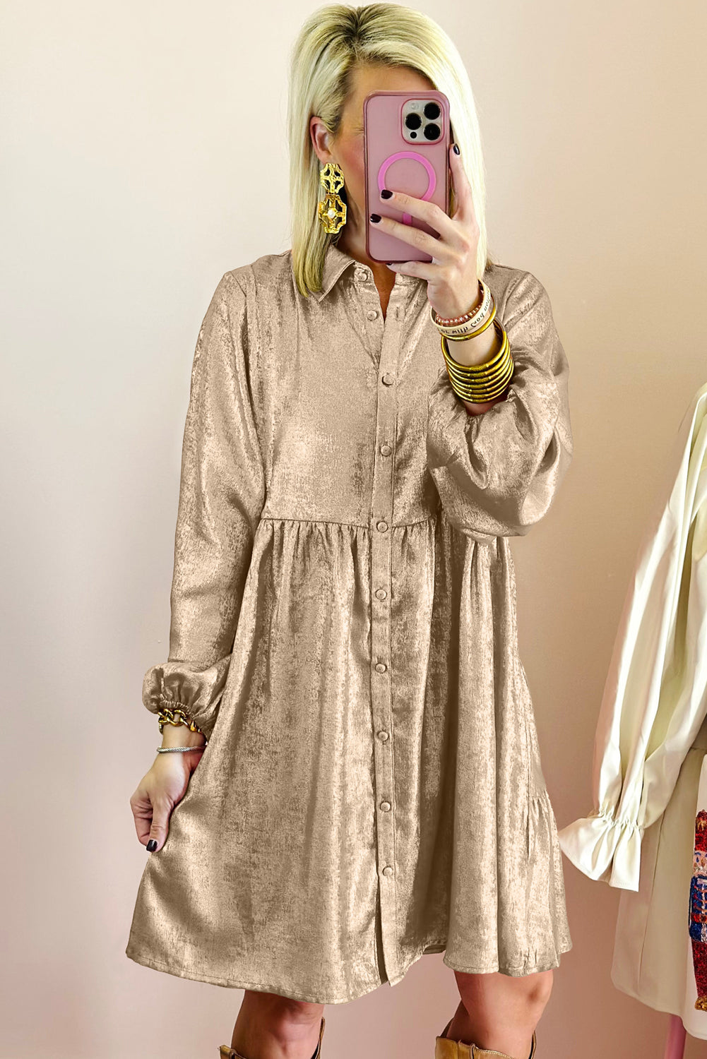Peach Blossom Metallic Sheen Puff Sleeve Button Up Mini Shirt Dress eAura