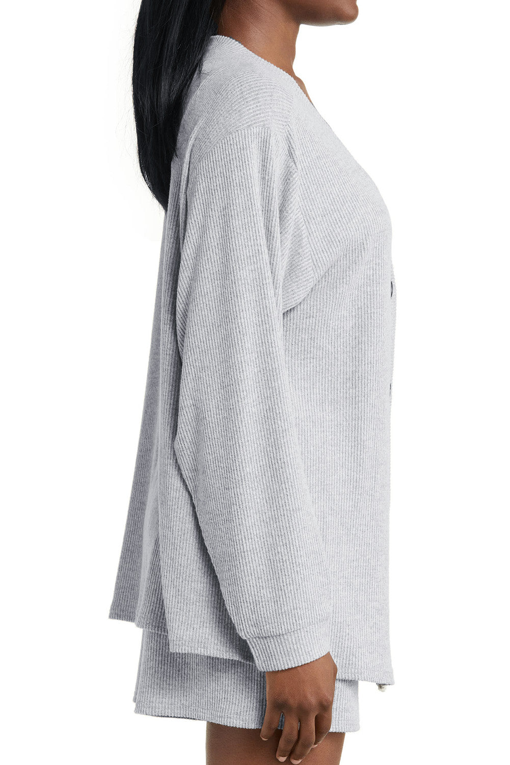 Light Grey 3 Pieces Rib Crop Camisole Matching Shorts Lounge Set with Cardigan eAura
