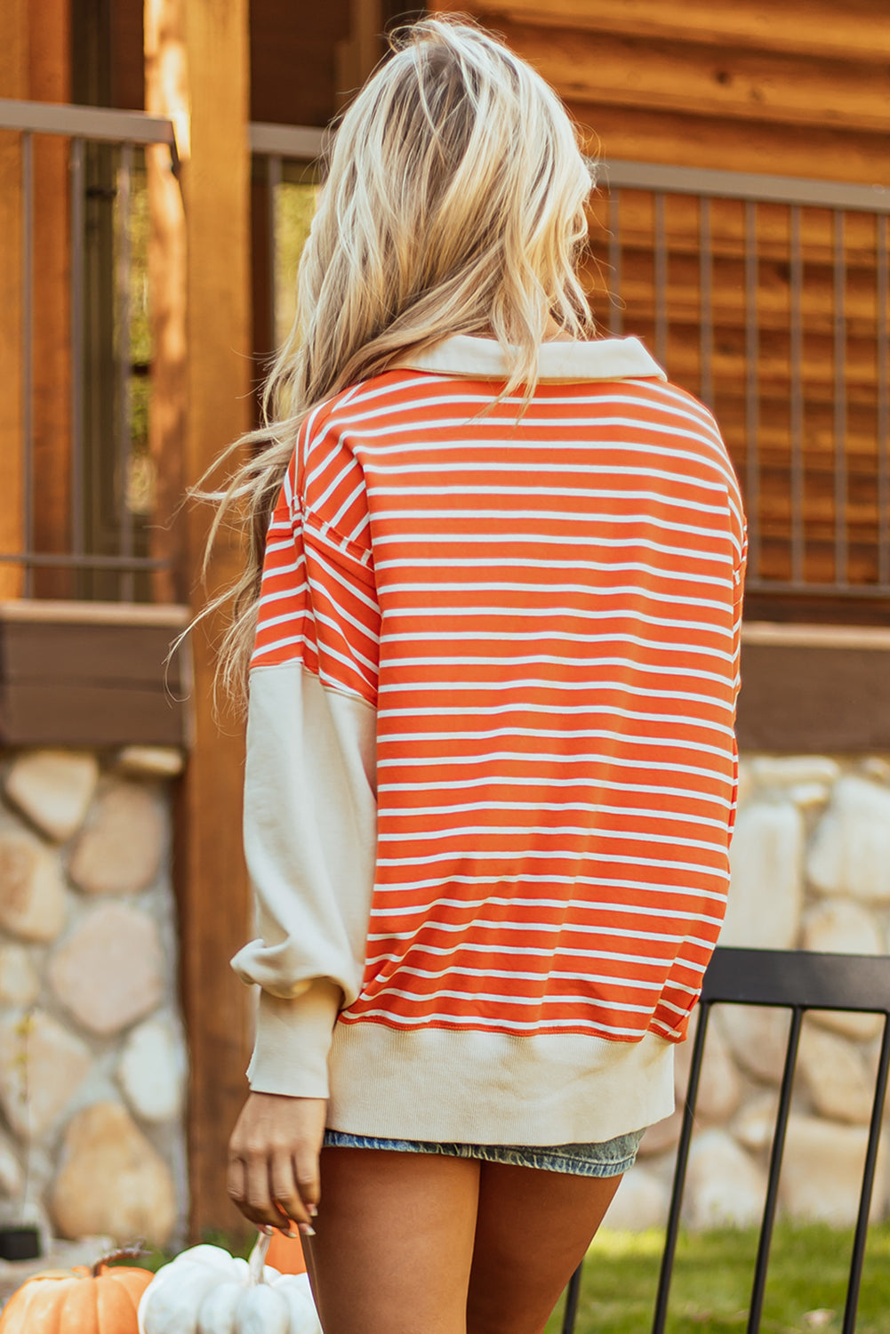 Orange Stripe Colour Block Loose Fit Collared Drop Shoulder Sweatshirt eAura