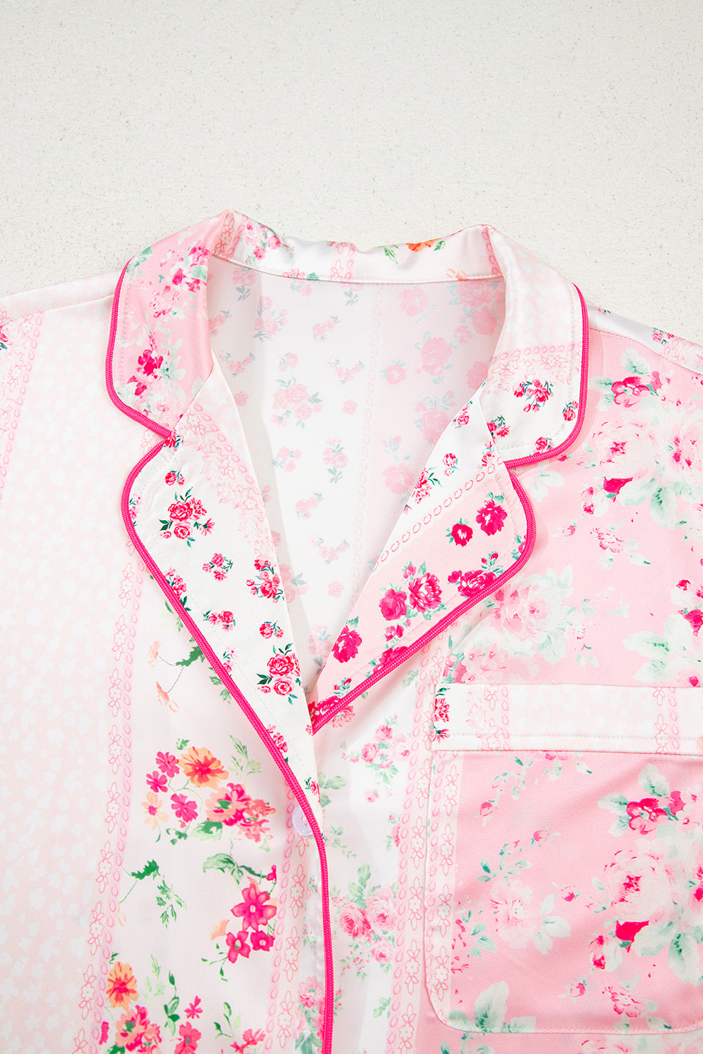 Pink Mixed Floral Print Contrast Piping Trim Satin Tie Pyjama Set - eAura