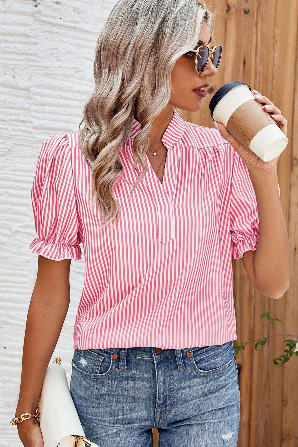 Pink Stripe Notched Neck Frilled Short Puff Sleeve Blouse eAura