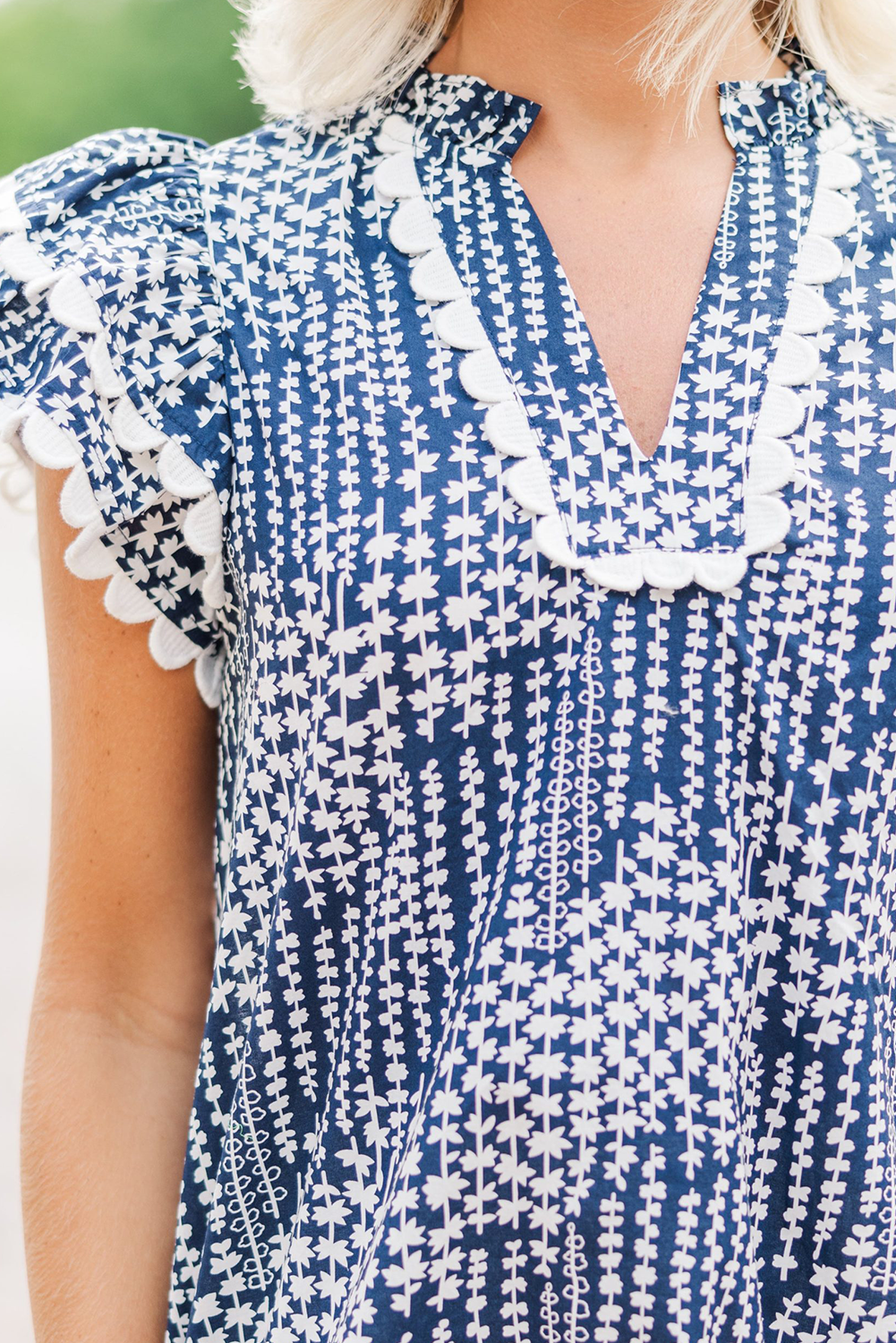 Sky Blue Abstract Print Ric Rac Trim Flutter Sleeve Notch V Neck Blouse eAura