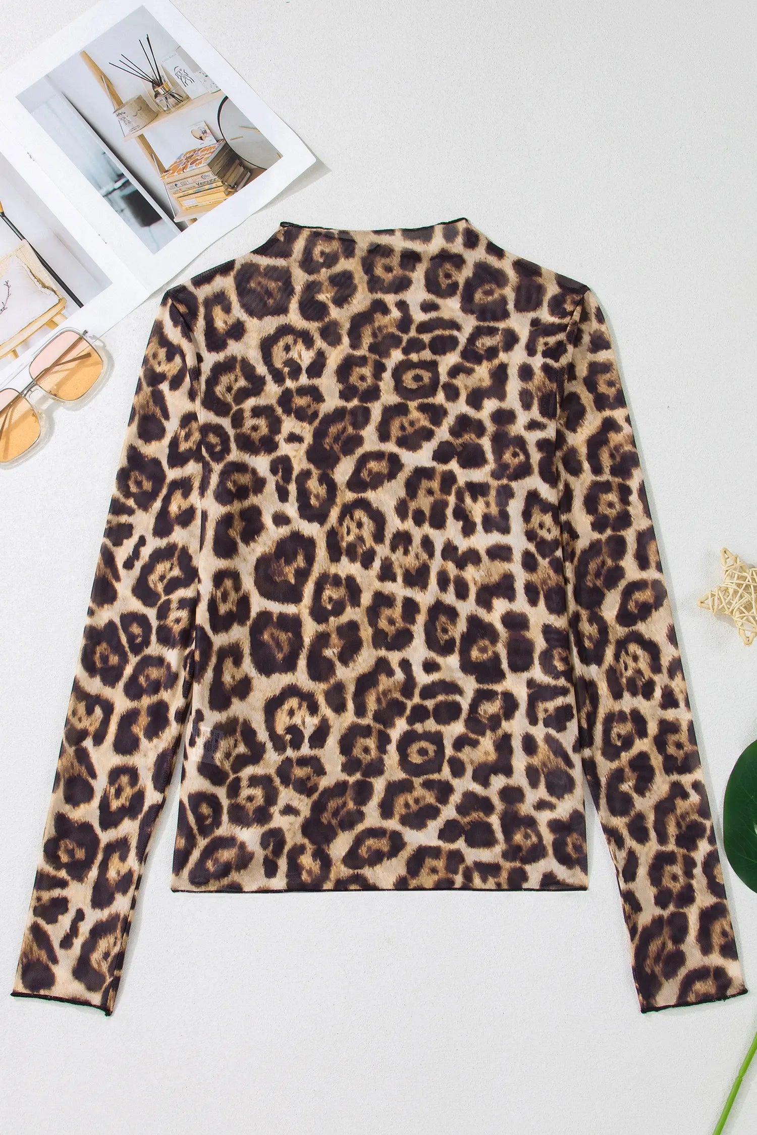 Western Print Slim Fit Mesh Mock Neck Long Sleeve Top