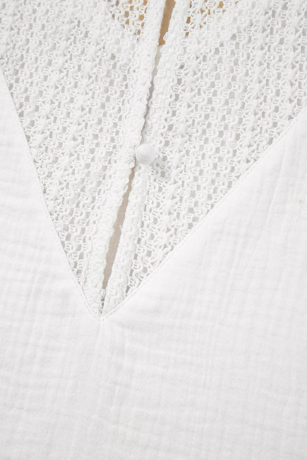 White Lace Crochet Textured Button Back V Neck T Shirt eAura