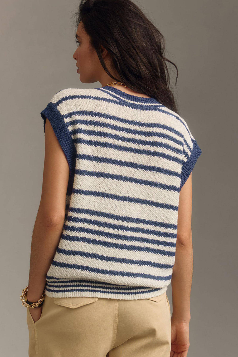 Blue Stripe Loose Buttoned V Neck Sweater Vest eAura