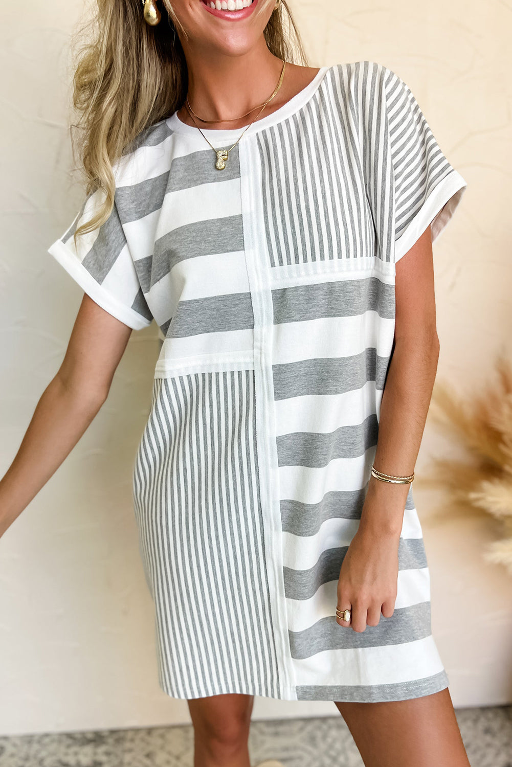 Grey Stripe Mixed Printed Short Sleeve Shift Mini T Shirt Dress eAura