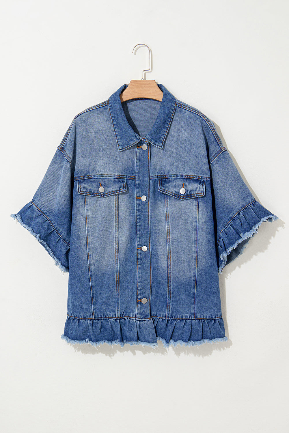 Peacock Blue Ruffled Frayed Short Sleeve Plus Size Denim Jacket Beagle Boutique Fashion Outlet