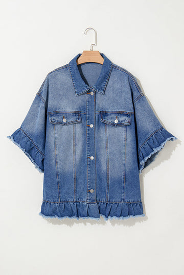 Peacock Blue Ruffled Frayed Short Sleeve Plus Size Denim Jacket Beagle Boutique Fashion Outlet
