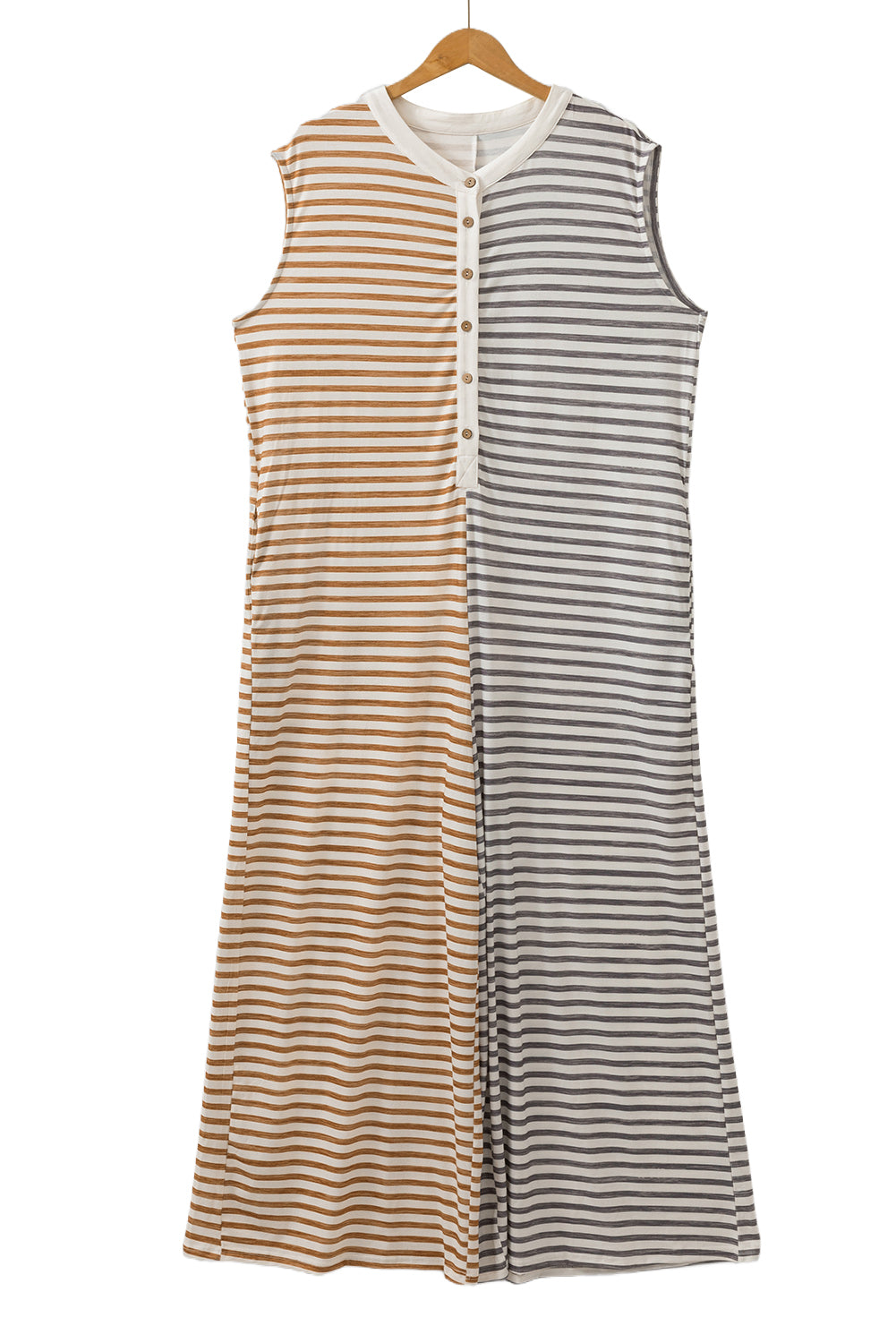 Grey Stripe Plus Size Colour Block Buttoned Sleeveless Wide Leg Jumpsuit BB Fashion Outlet