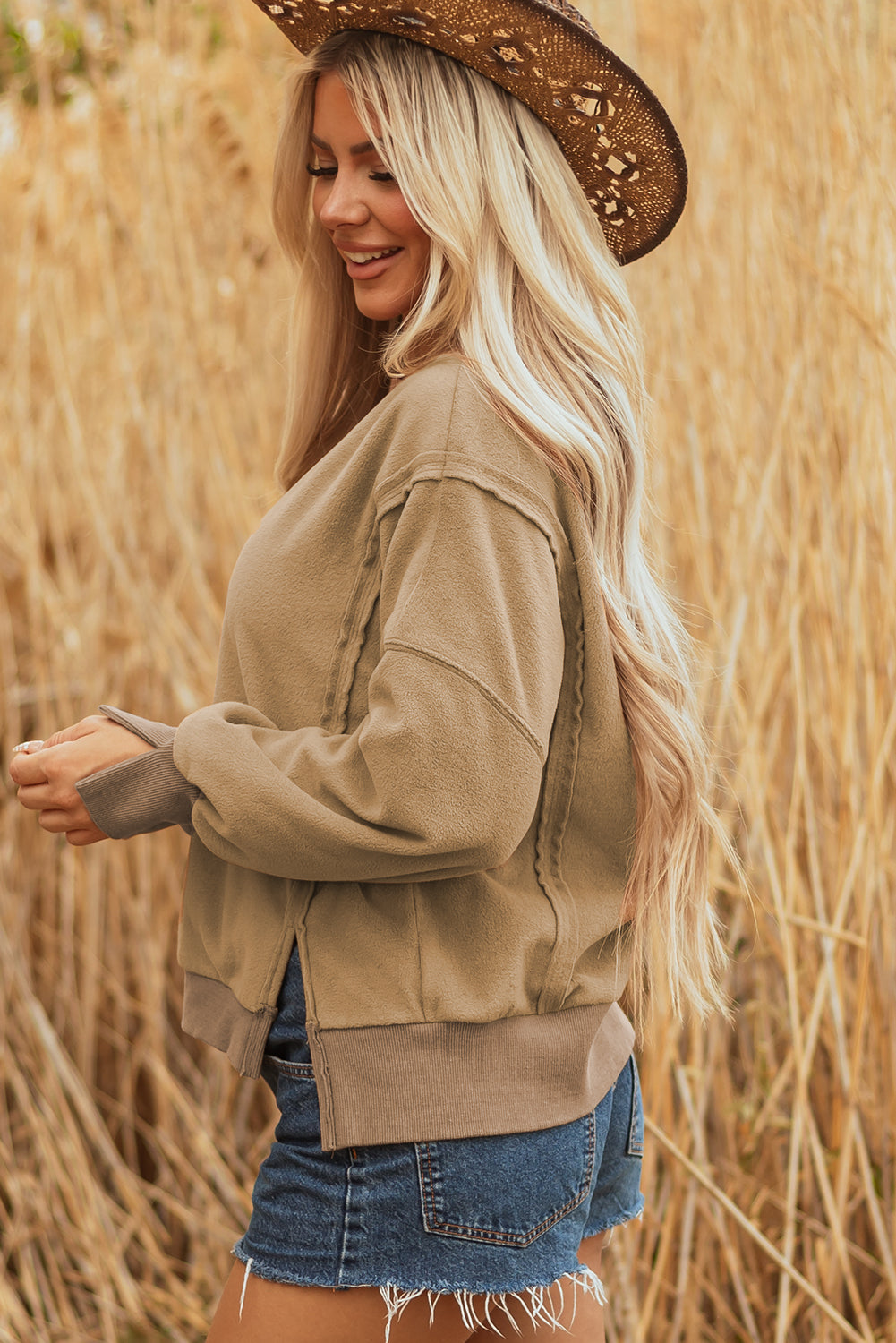 Fuzzy Sherpa Splicing Pullover Sweatshirt with Side Slit - eAura