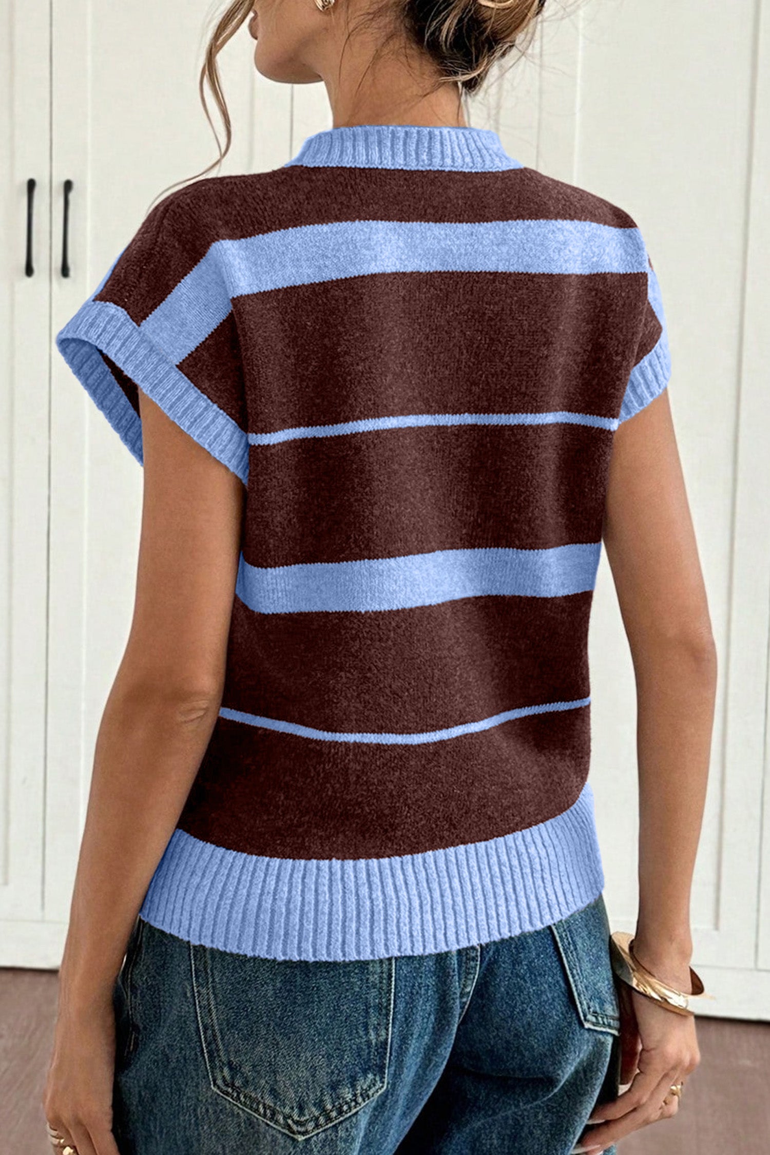 Striped Short Sleeve Round Neck Casual Knit Top – Sky Blue Stripe
