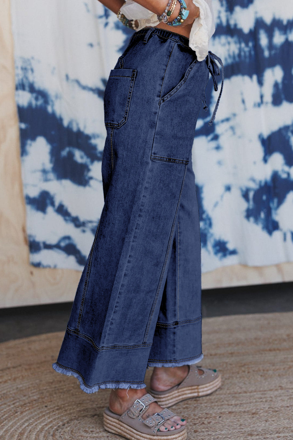 Drawstring Seam Detail Raw Hem Wide Leg Denim Jeans Dear-Lover Dropshipping