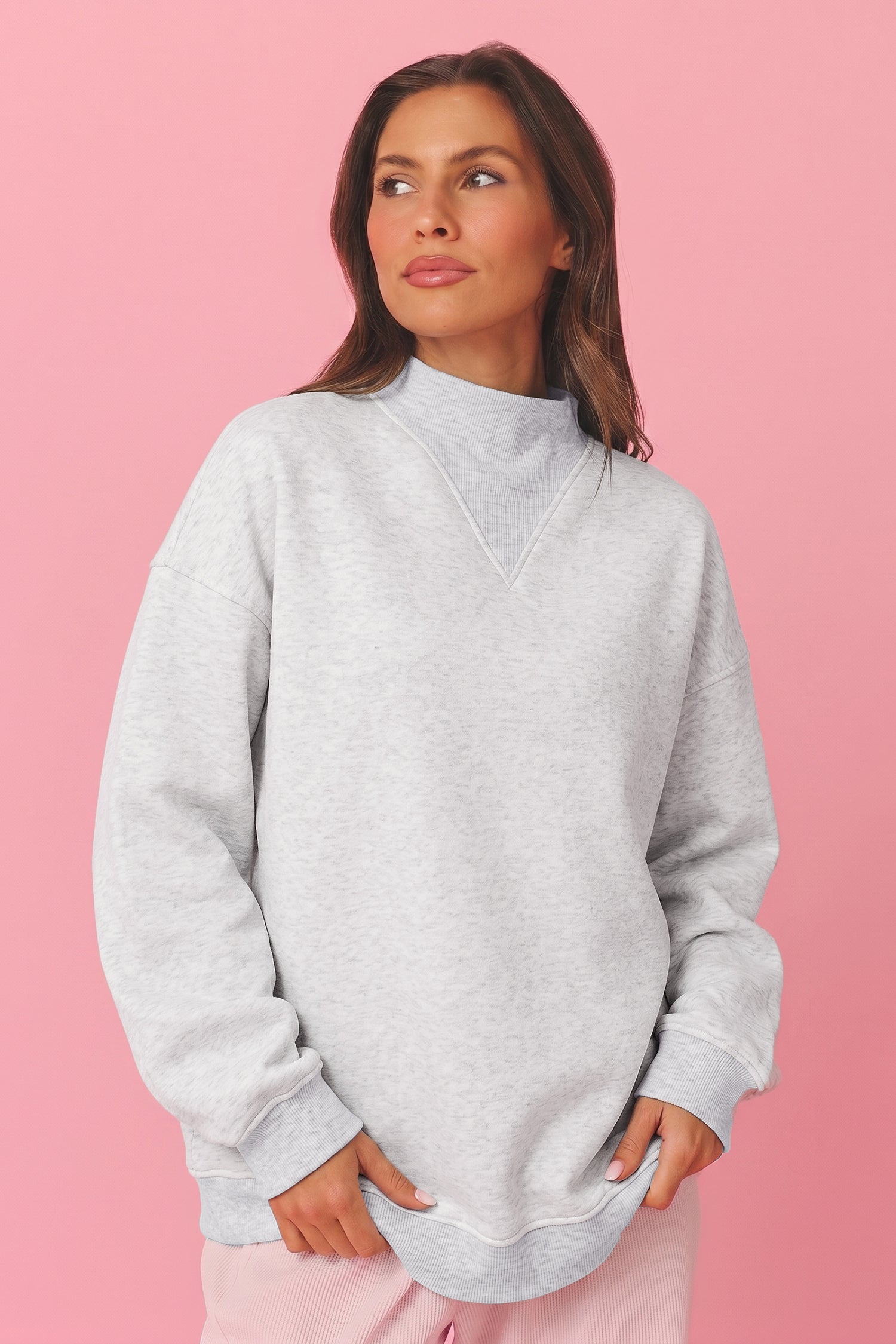 High Neck Ribbed Cuff Hem Sweatshirt – Light Grey