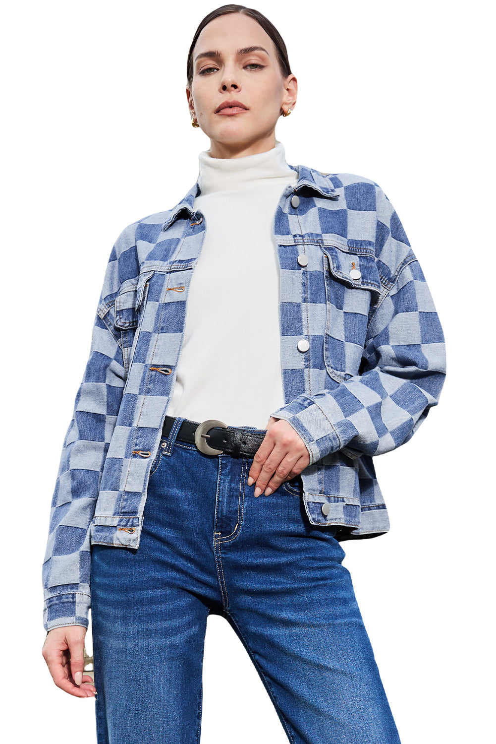 Light Blue Checkered Patchwork Button up Denim Jacket Beagle Boutique Fashion Outlet