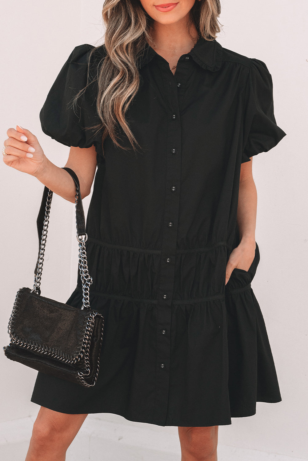 Black Shirt Style Button Down Puff Sleeve Ruffle Hem Dress eAura