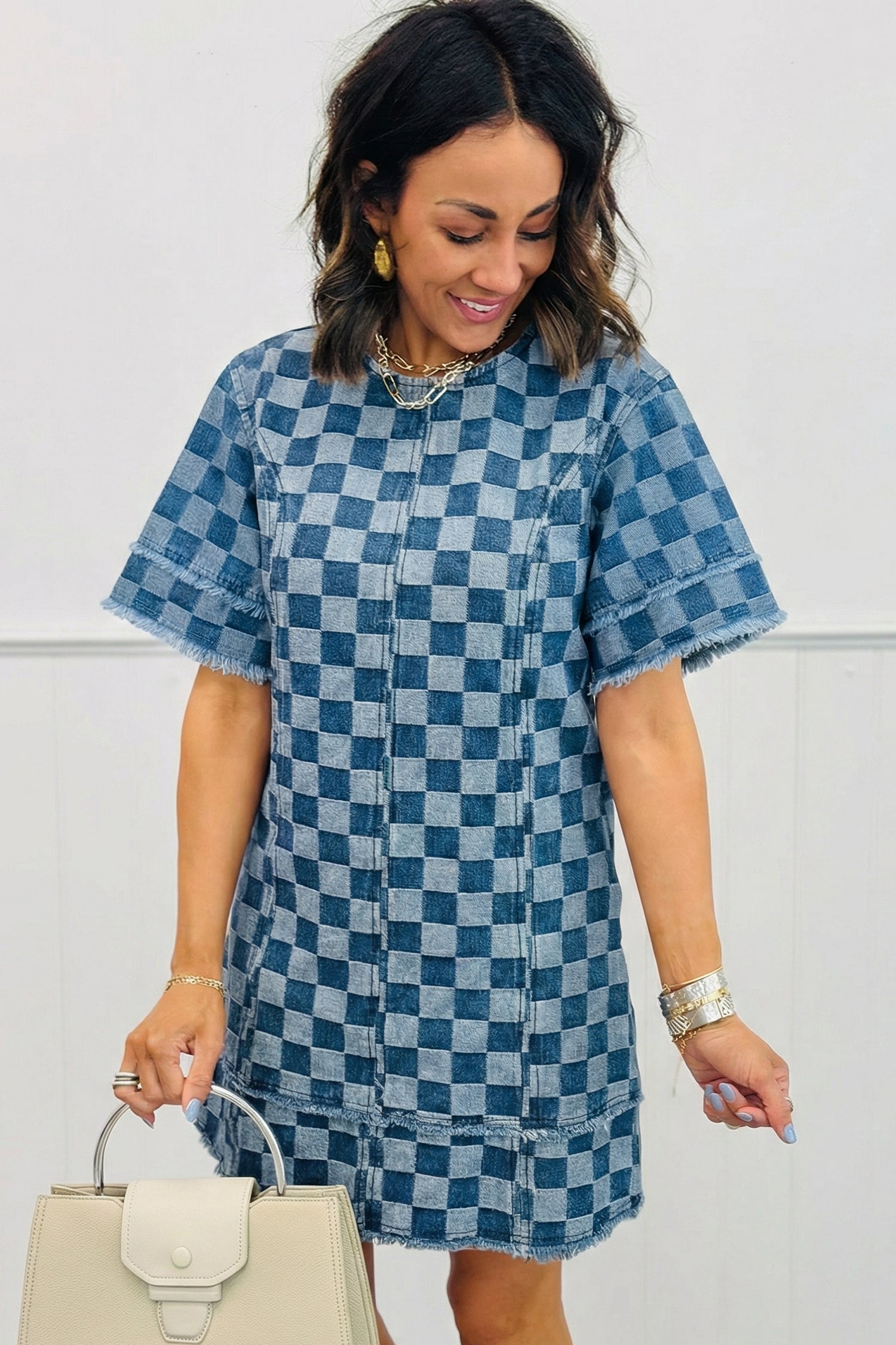 rayed Hem Checkered Denim Mini Dress