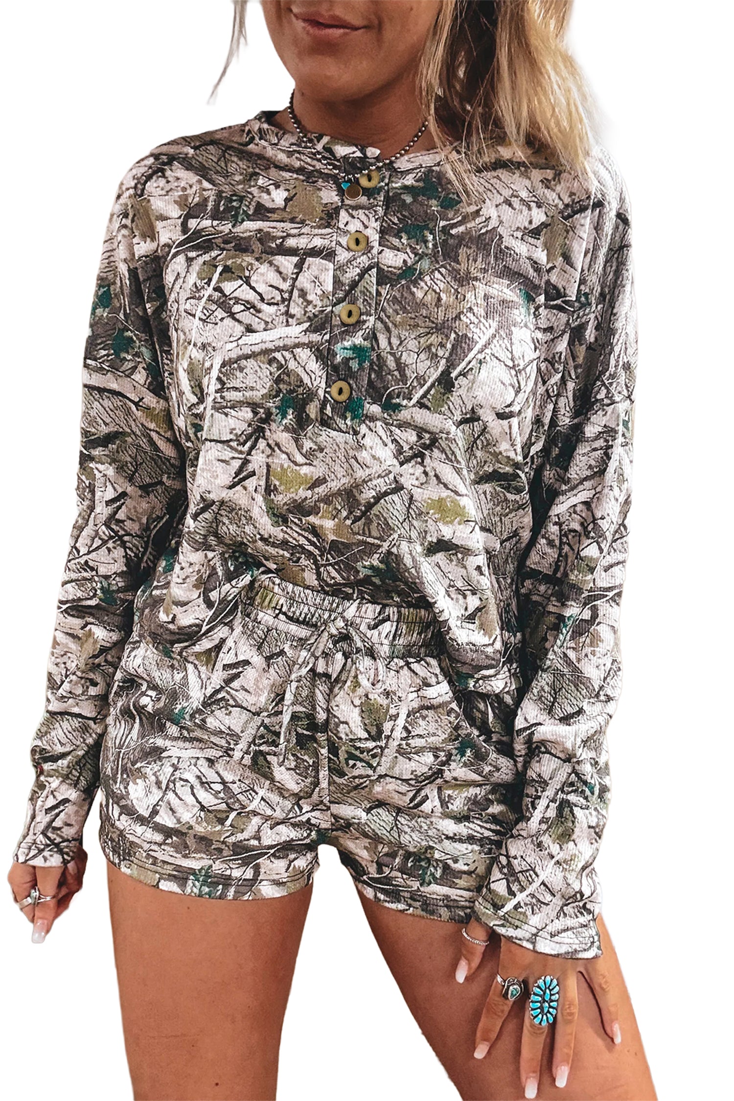 Camo Long Sleeve Top Elastic Waist Shorts Two Piece Set – Brown