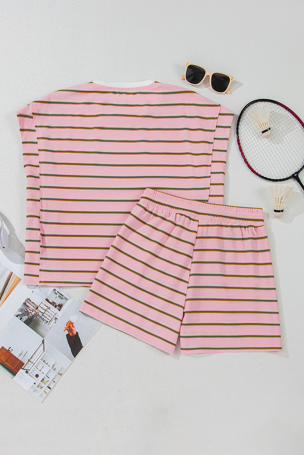 Pink Stripe Wide Short Sleeve Tee and Short Set Co-ord eAura