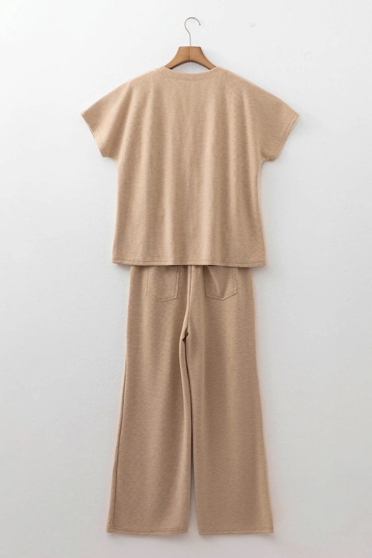 Solid Colour Short Sleeve Ribbed Top Casual Pants 2pcs Set – Light French Beige
