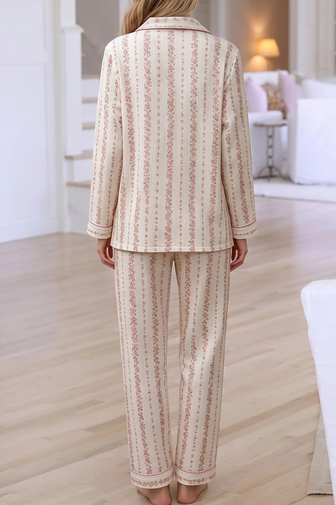 Floral Print Long Sleeve Button Front Shirt Pajama Pant Set
