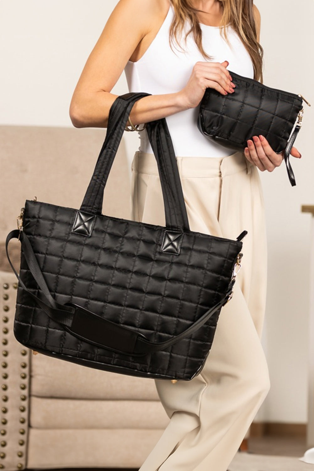 Camel Quiled Patchwork Large Tote Bag and Clutch 2pcs Set