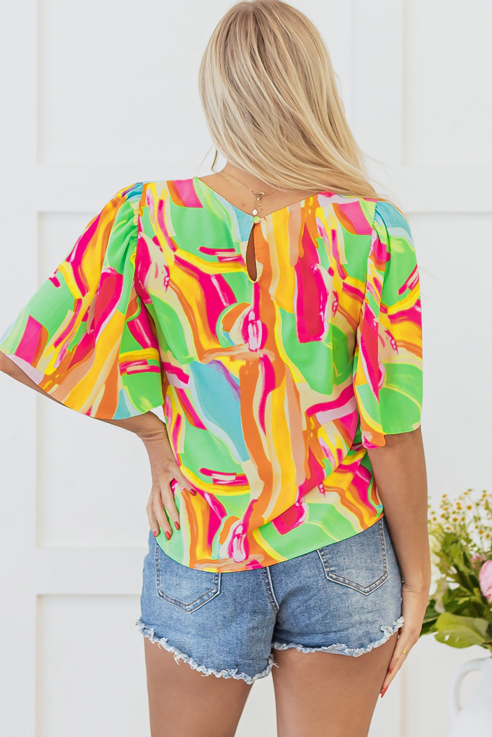 Multicolour Abstract Print Keyhole Back Pleated Half Sleeve Blouse eAura