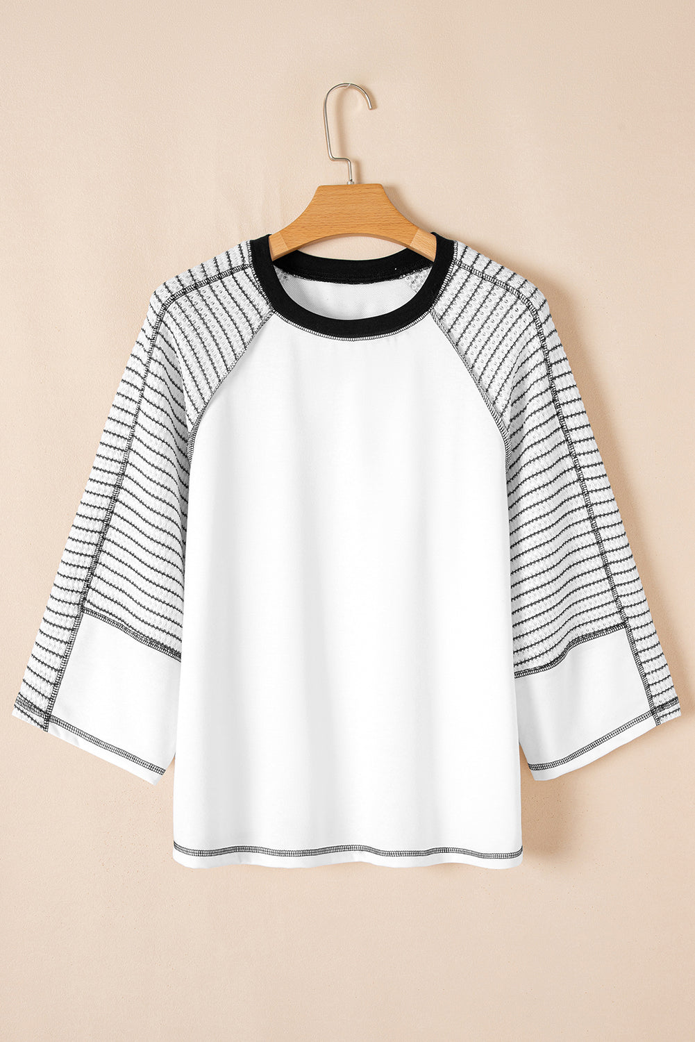 Black Striped Bracelet Sleeve Raglan Patchwork Top - Tops/Long Tops