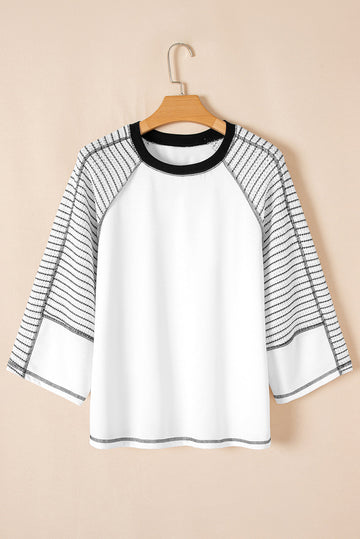 Black Striped Bracelet Sleeve Raglan Patchwork Top - Tops/Long Tops