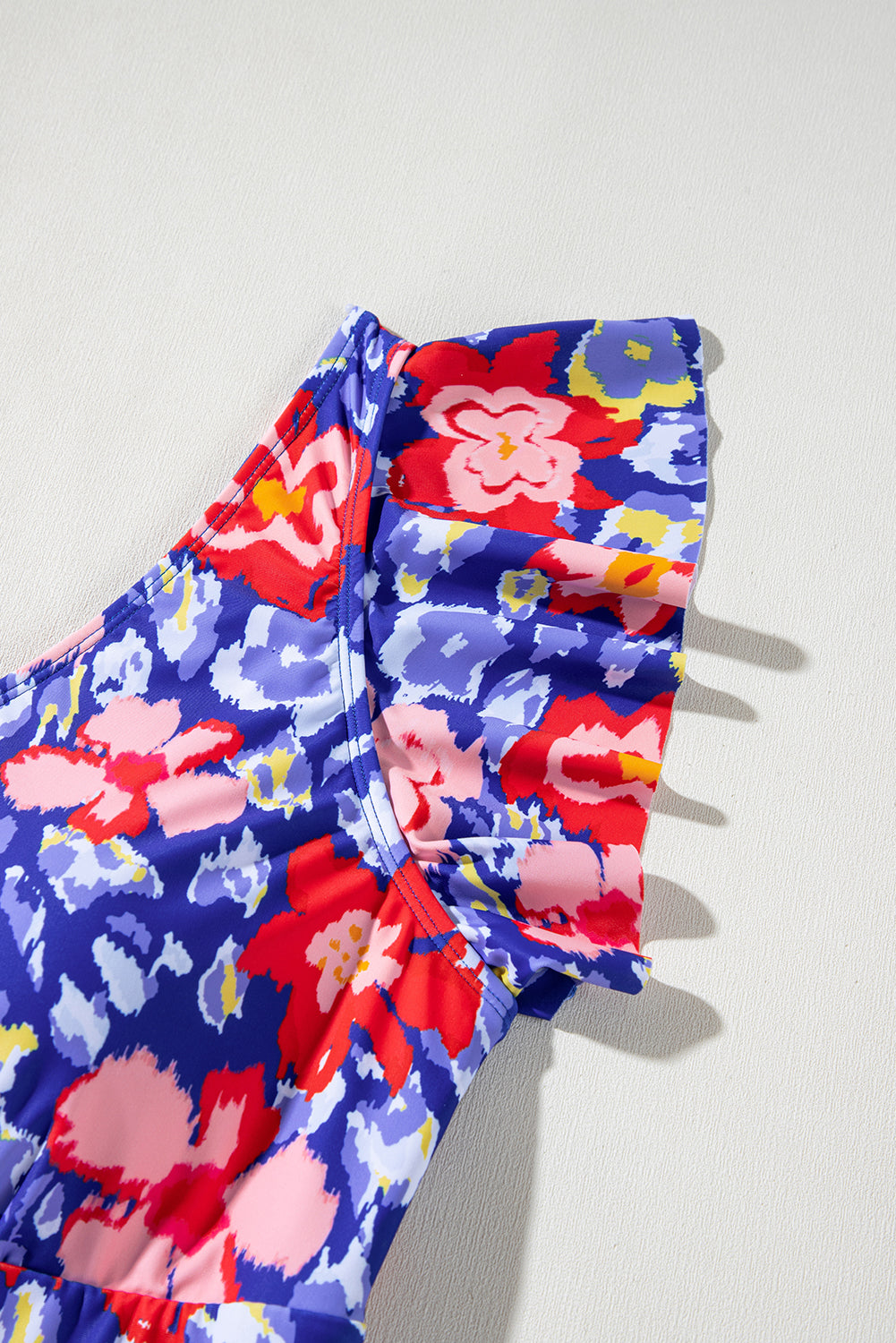 Blue Floral Print Ruffled V Neck High Waist One Piece Swimwear BB Fashion Outlet