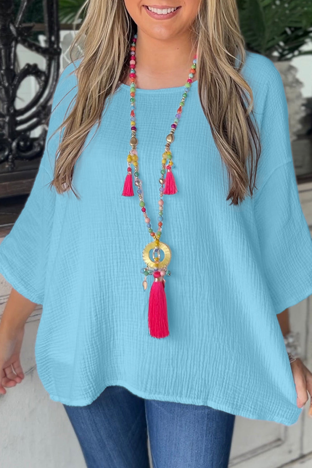 Aruba Blue Crinkled Bracelet Sleeve Flowy Blouse eAura