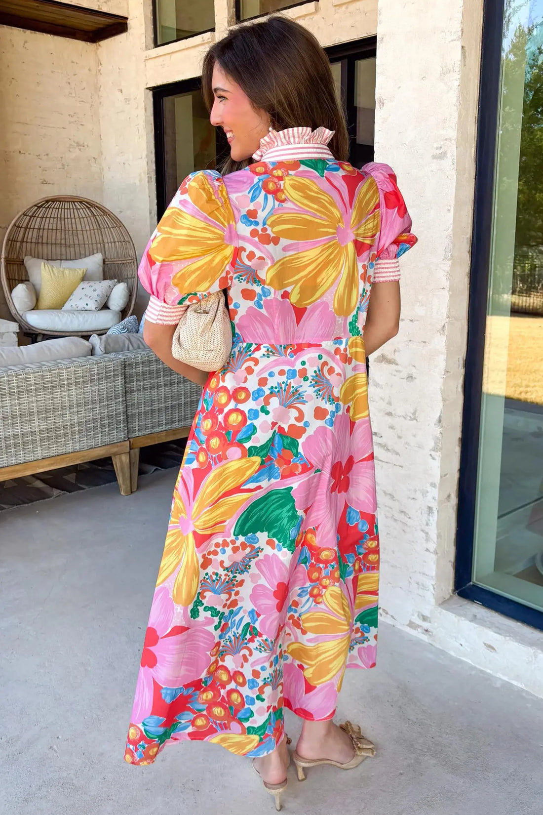 Floral Print Striped Trim Button-Down Shirt Dress