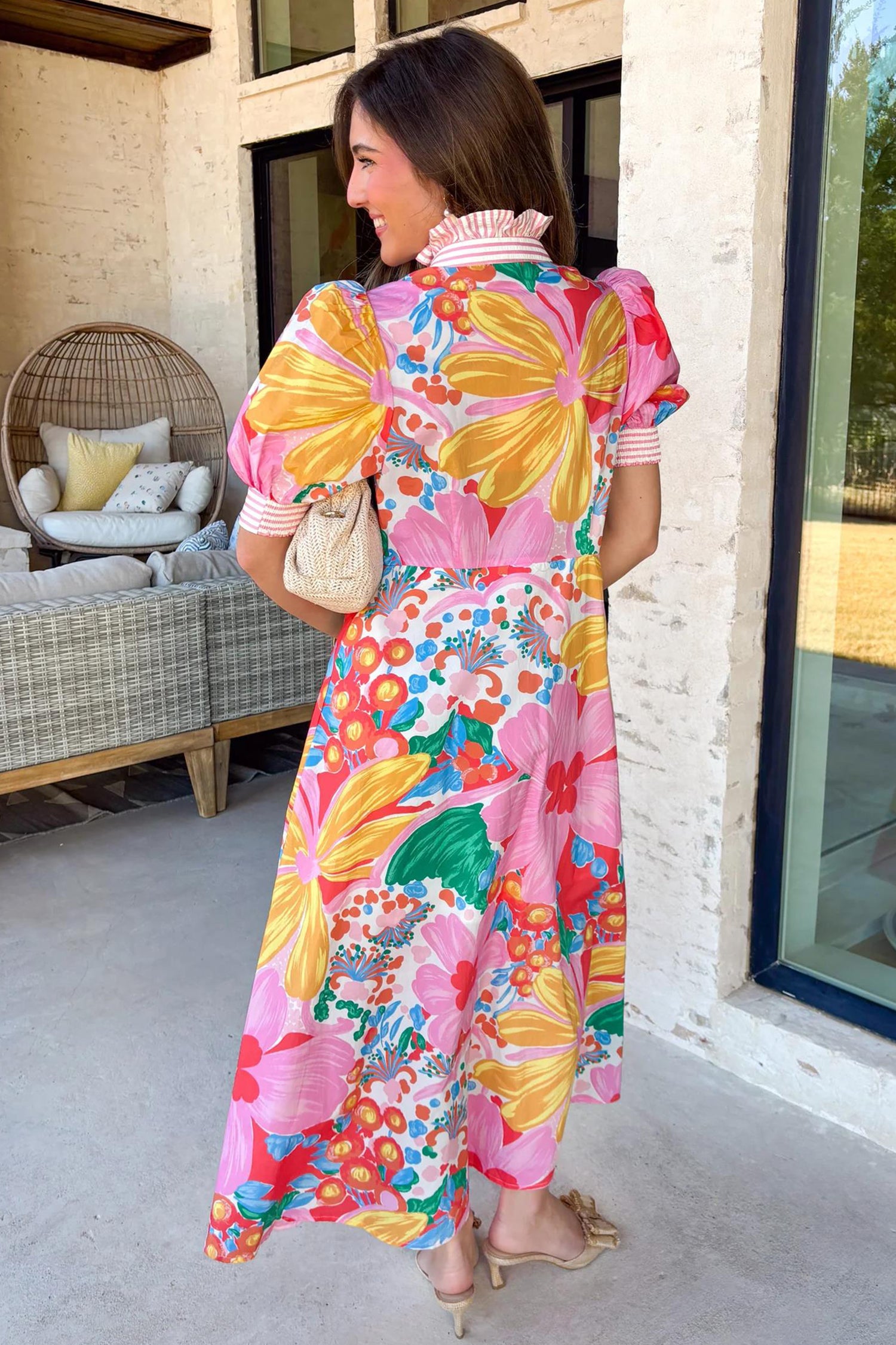 Floral Print Striped Trim Button-Down Shirt Dress
