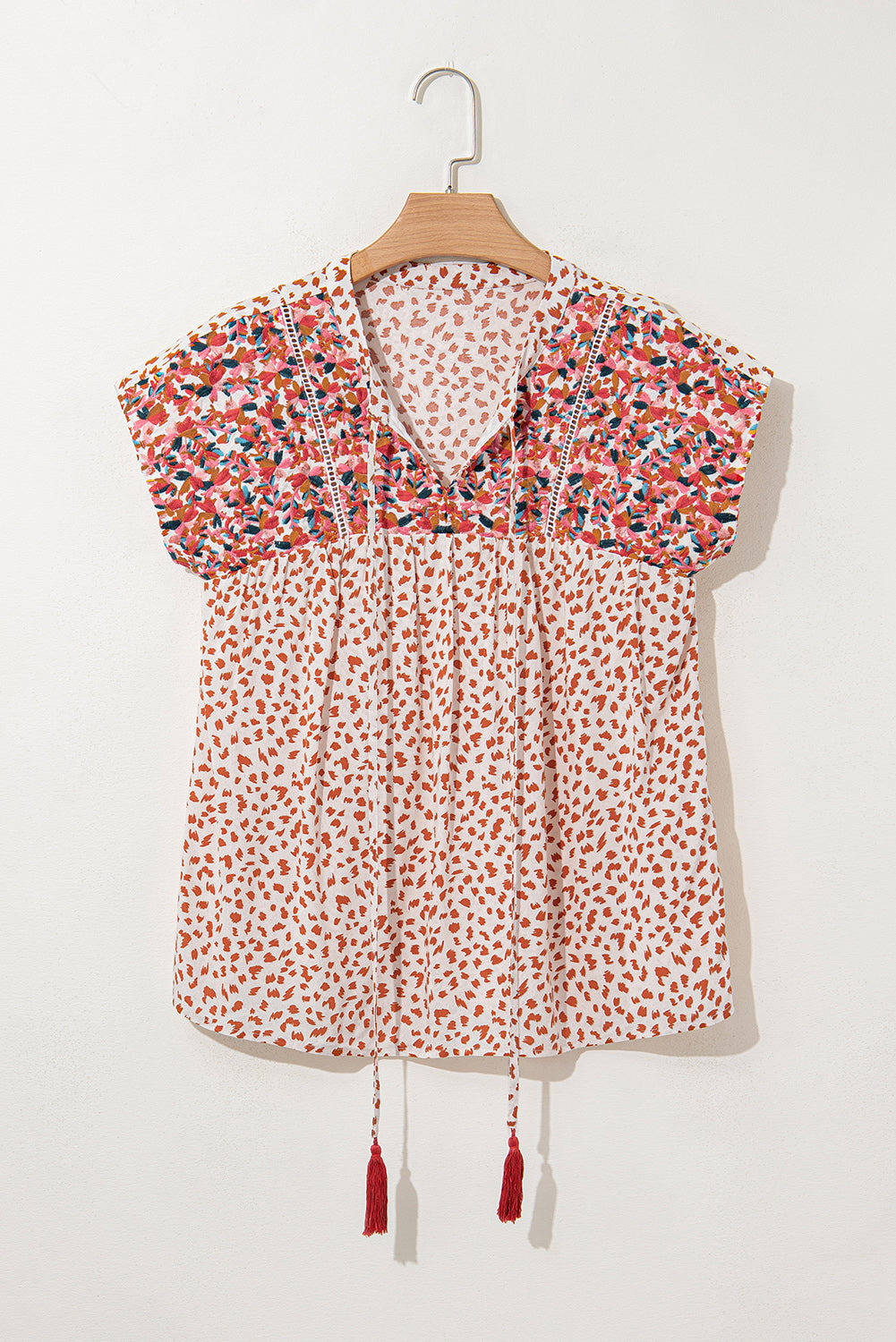 Red Printed Embroidery Detail Tie Split Neck Blouse eAura