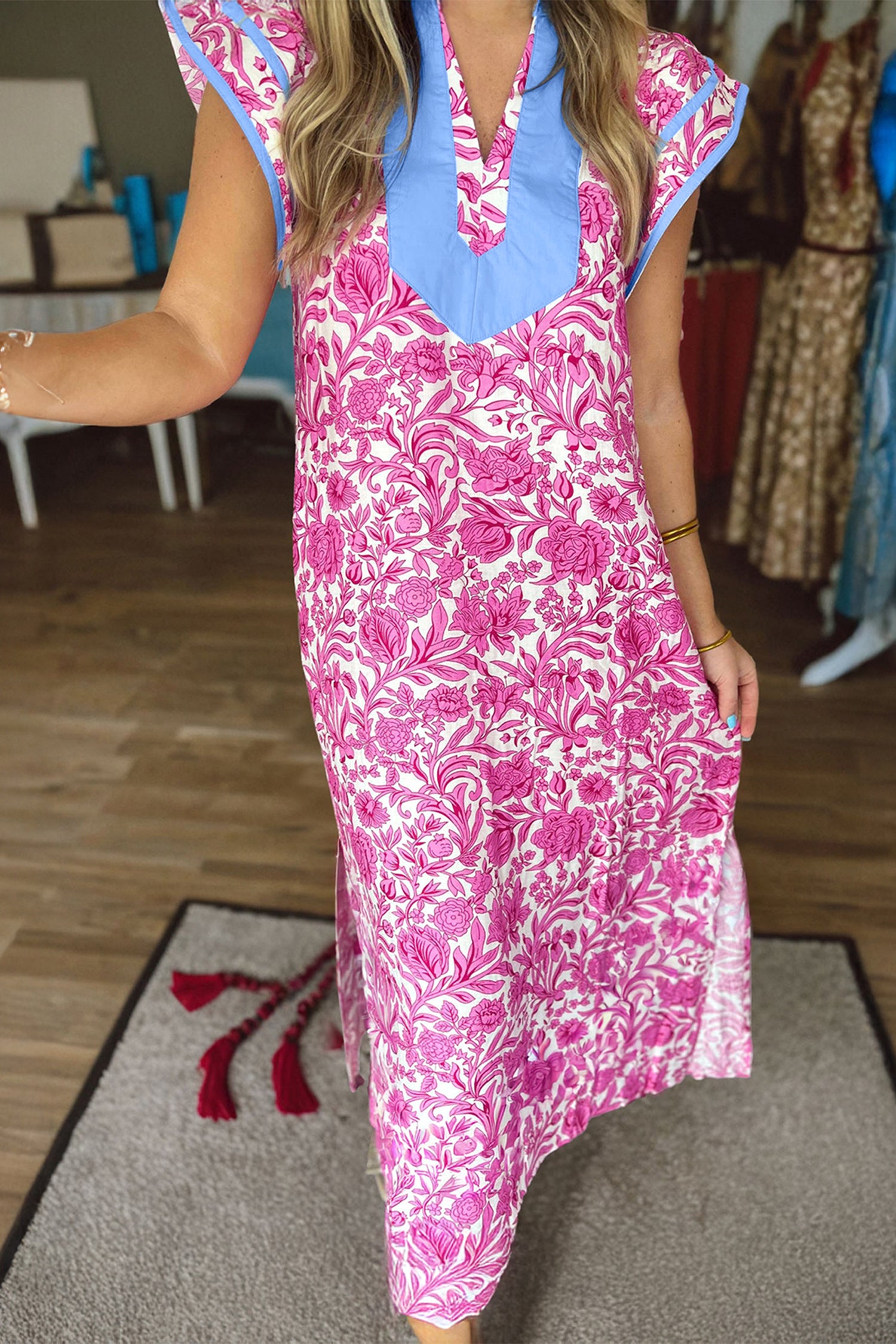 Floral Print Colour Block Patchwork V-Neck Short Sleeve Midi Dress