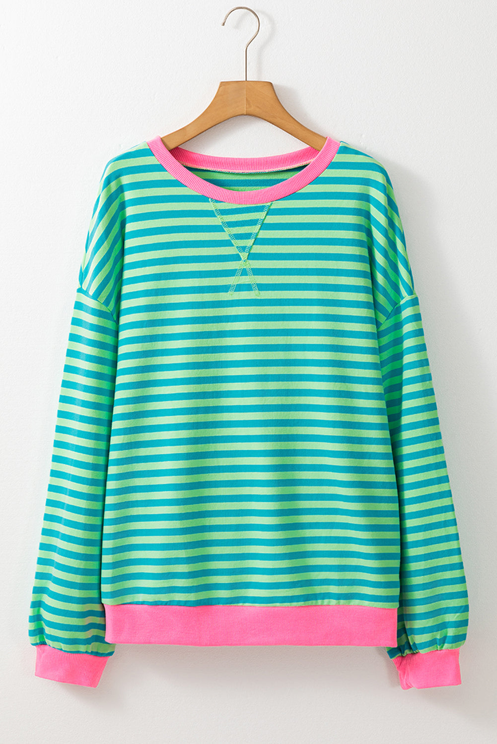 Sky Blue Stripe Oversized Contrast Trim Pullover Sweatshirt BB Fashion Outlet
