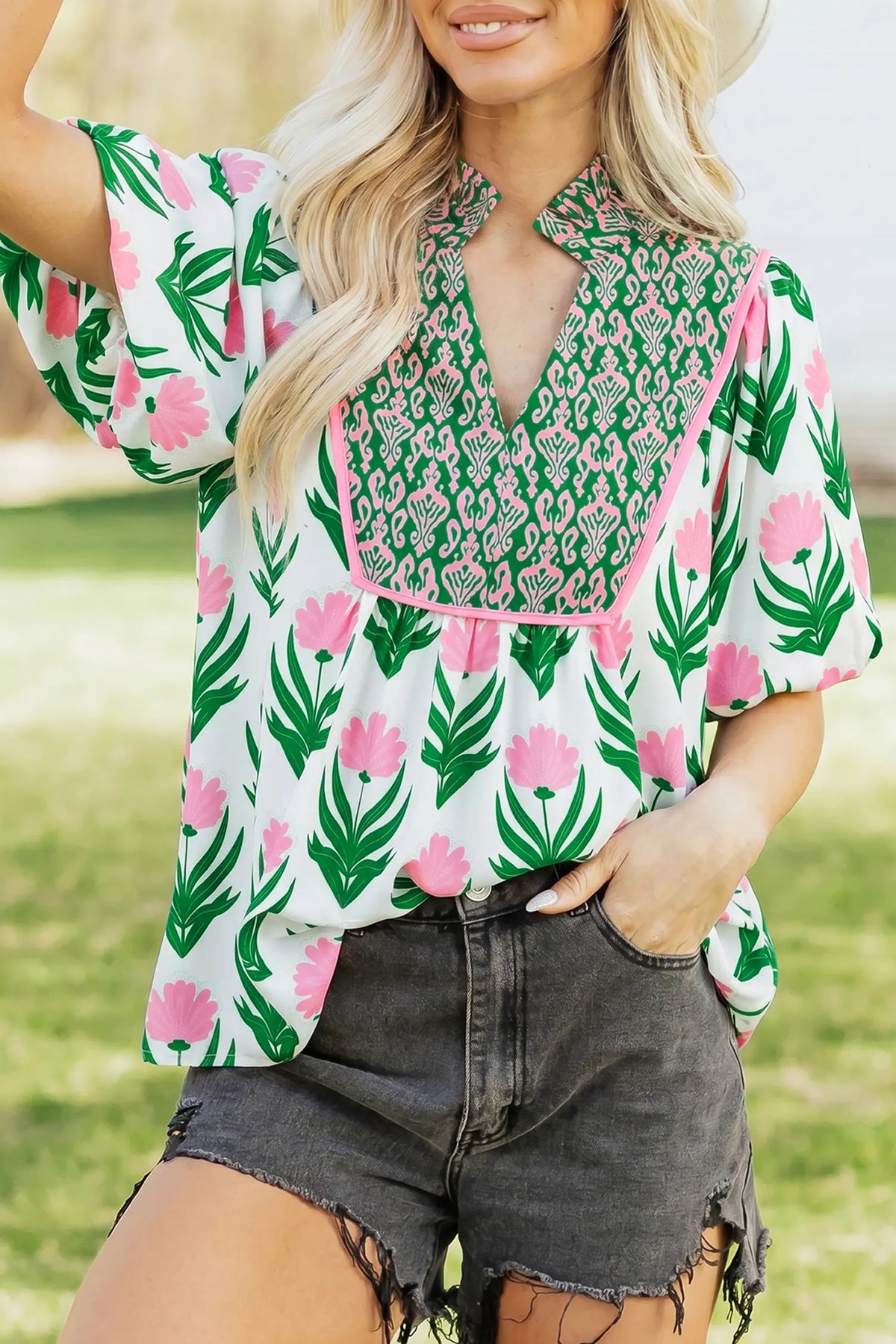 Floral Print Puff Sleeve Contrast Bordered V Neck Blouse – Multicolour