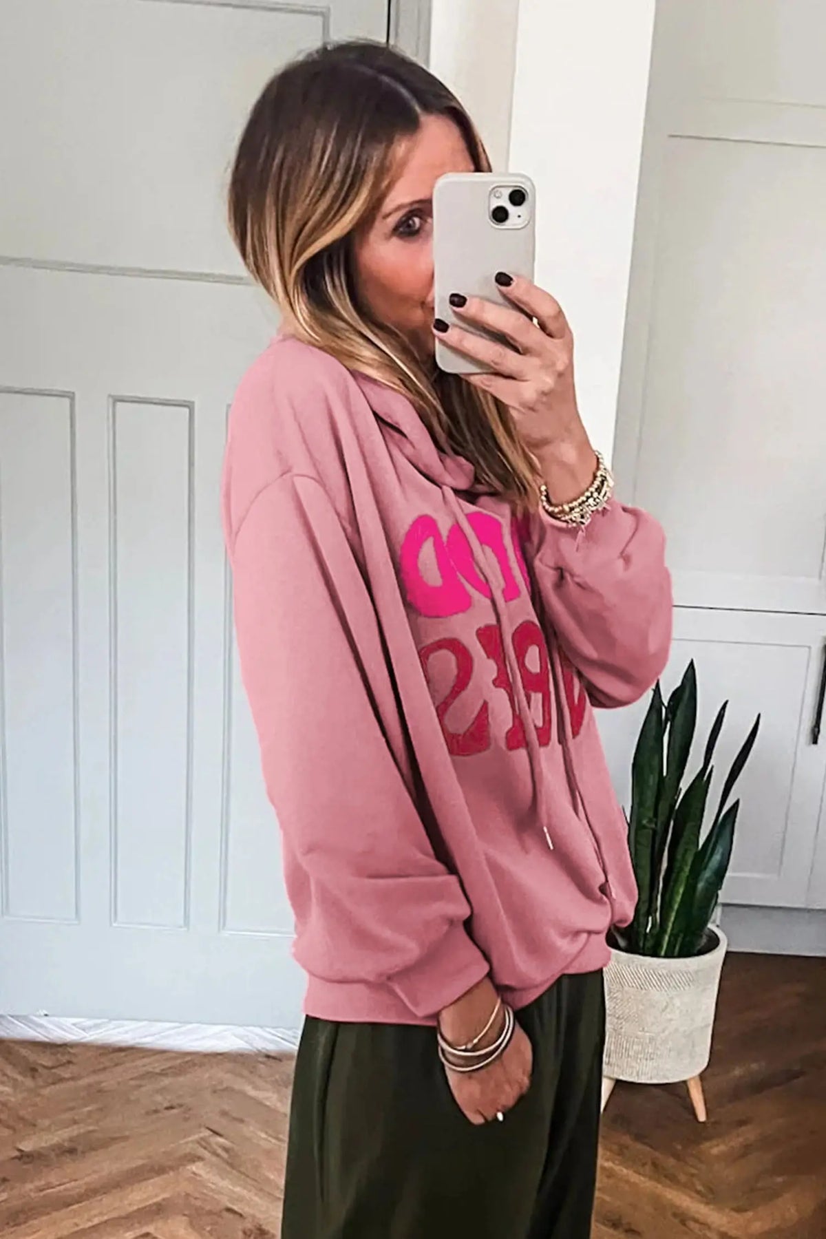 Casual Hoodie Chenille Letter Graphic Good Vibes
