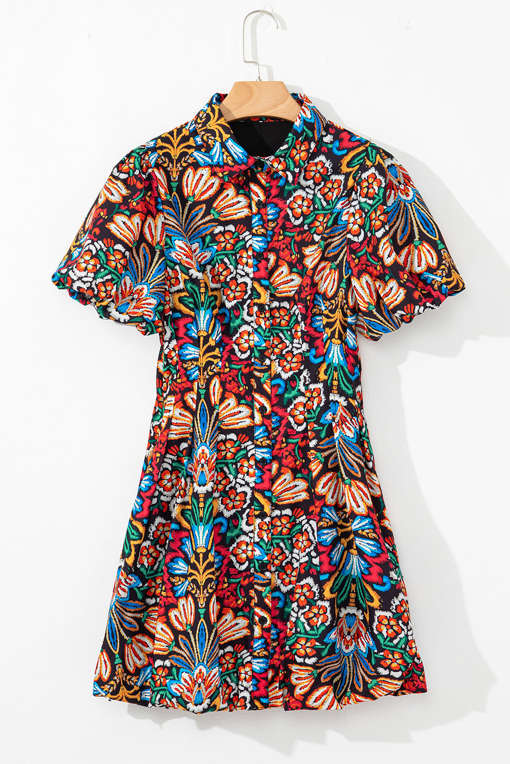 Multicolour Floral Puff Short Sleeve Shirt Mini Dress eAura