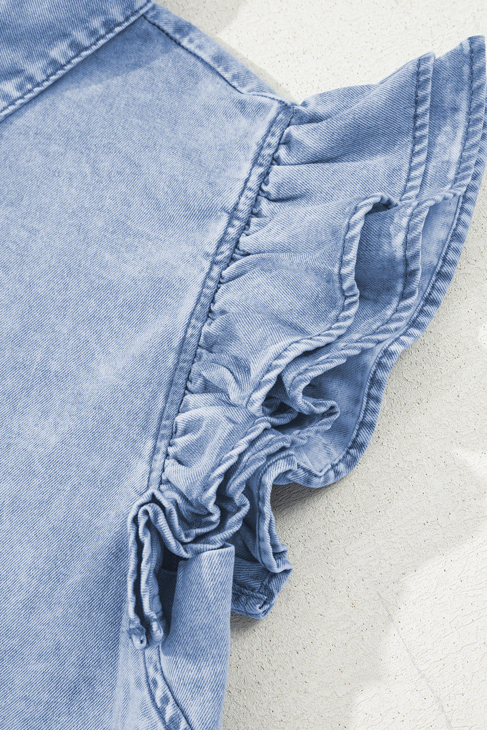 Beau Blue Double Ruffled Sleeves Buttoned A-line Collared Mini Denim Dress eAura
