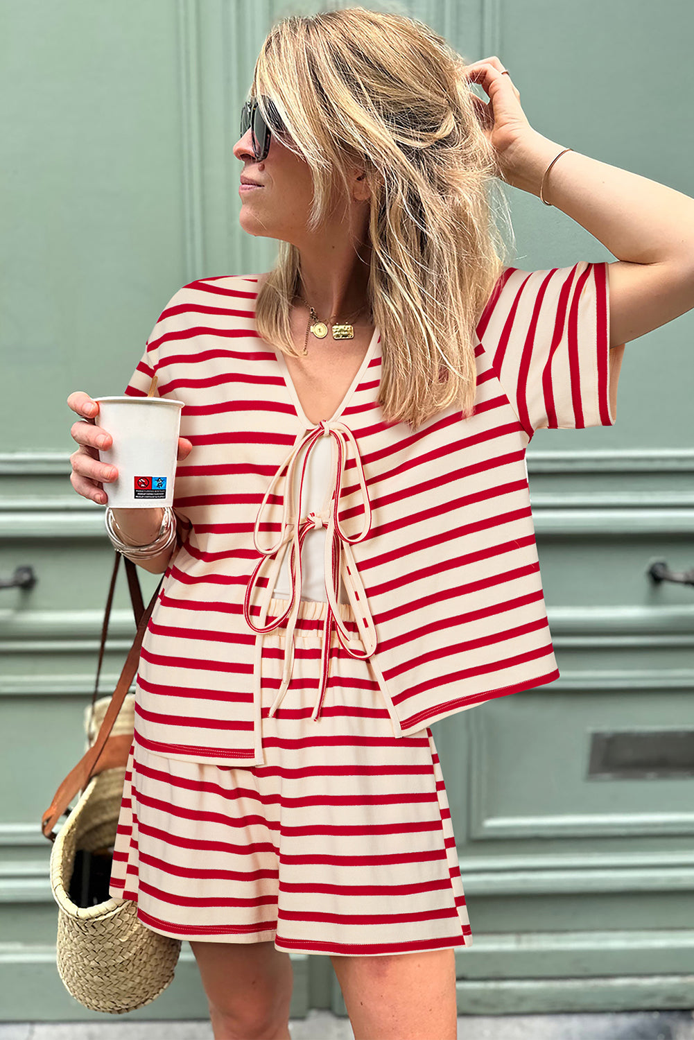 Red Stripe Lace-up Front Top and High Waist Shorts Set eAura