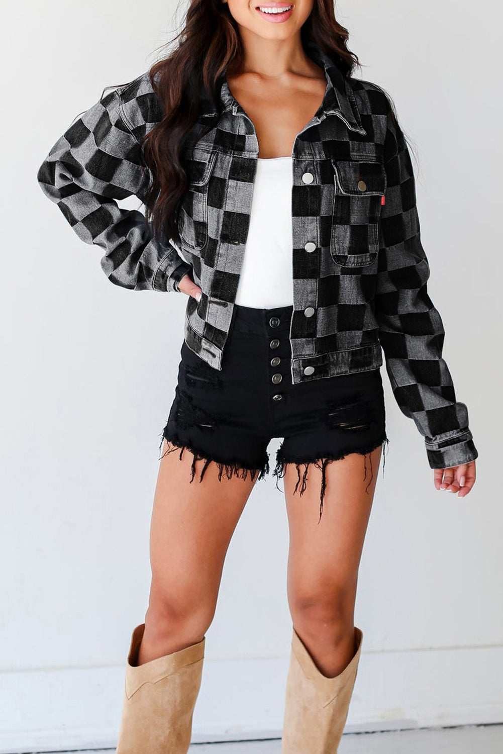 Light Blue Checkered Patchwork Button up Denim Jacket Beagle Boutique Fashion Outlet