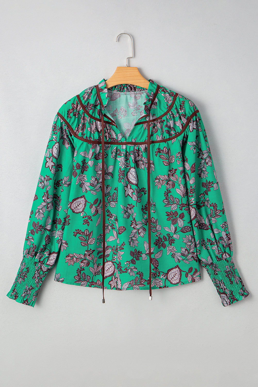 Leaf Print Contrast Trim V-Neck Shirred Puff Sleeve Blouse - eAura