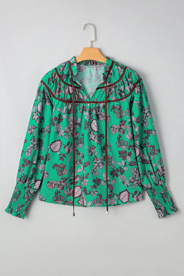 Leaf Print Contrast Trim V-Neck Shirred Puff Sleeve Blouse - eAura