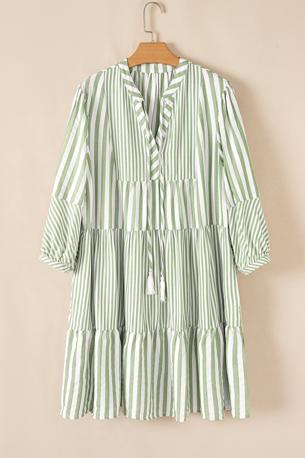 Green Stripe Bracelet Sleeve Tasseled Tied Neck Tiered Plus Size Mini Dress BB Fashion Outlet