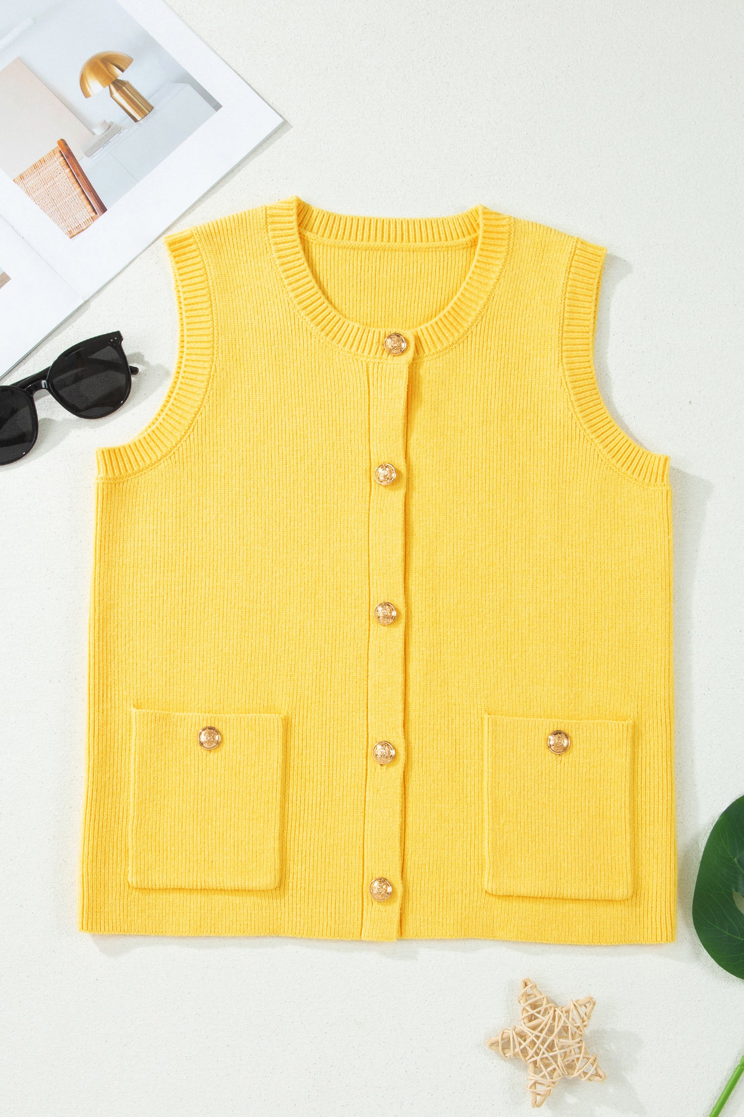 White Sleeveless Knit Button Pocketed Sweater